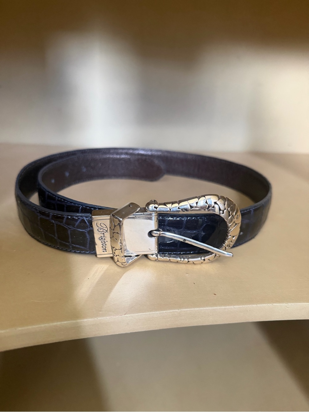 Brighton Black Croc-Embossed Leather Belt with Silver Buckle